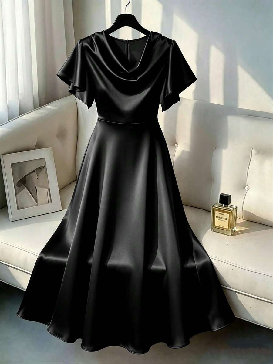 GlowEve CURVE Plus Size Summer Elegant Solid Color Cowl Neck Ruffle Sleeve Dress - Black - View 1