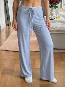 Livesso Floral Knit Contrast Color Ruffle Waist Design Long Pajama Pants Women's Sleepwear Bottoms - Baby Blue - View 6