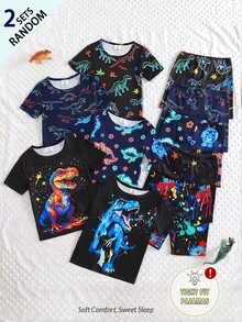 [2pcs/Set] Young Boys Dinosaur Cartoon Glow-In-The-Dark Print Short Sleeve Shorts Knit Snug Fit Pajamas Set - Multicolor - View 3