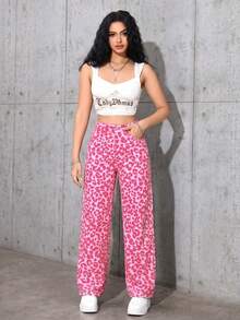SHEIN ICON 女款時尚豹紋牛仔長褲 - 粉色 - 查看 5