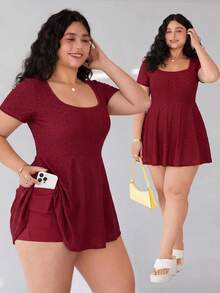 Solflare Plus Size Wine Red Casual Short Sleeve Jumpsuit, Everyday Wear, Spring/Summer - Burgundy - View 1