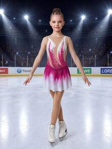 Tween Girls Figure Skating Dress, All-Over Print Pattern Design, Suitable For Team Competitions And Daily Training. High-Elasticity Fabric, Mesh Hem, Flowy And Graceful During Movement. - Pink - View 5