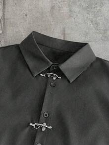 AXEPEAK Kemeja Lengan Pendek Kasual Pria Gaya Cina Terbaru dengan Gesper Logam - Grey - View 6