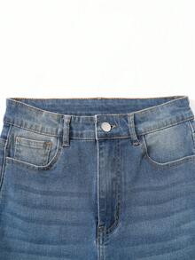 SHEIN 女童 Y2K 閃電圖案街頭風酷藍色水洗做舊復古時尚百搭舒適修身彈性喇叭牛仔褲，適合青少年女孩 - 中等水洗藍 - 查看 4