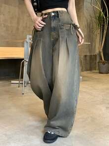 FRIFUL Women's Lace-Up Design Pleated Wide Leg Loose Casual Denim Jeans - Blue - View 8