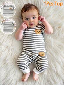 Newborn Ribbed Bear Short Sleeve Top Cute White Summer Family Matching Simple Gray & White Stripes With 3D Decor Soft Ribbed Fabric Snap Shoulder - Grey - View 1