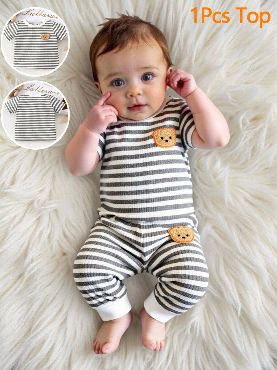 Newborn Ribbed Bear Short Sleeve Top Cute White Summer Family Matching Simple Gray & White Stripes With 3D Decor Soft Ribbed Fabric Snap Shoulder - Grey - View 1