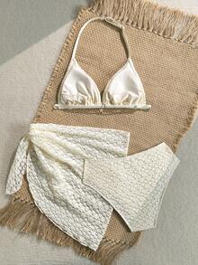 SHEIN Teen Girls Summer Beach Vacation Solid Color Jacquard Bikini Set - Apricot - View 2