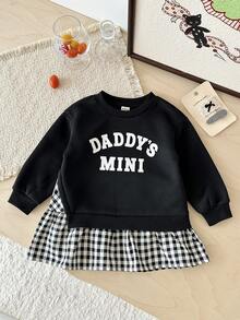 SHEIN 女嬰針織字母圖案圓領拼接格紋休閒洋裝 - 黑色 - 查看 8