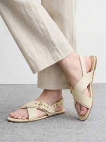 CUCCOO BIZCHIC Ladies Casual Fashion Vacation Buckle Crossstrap Open-Toe Solid Color Flat Sandals Summer - Apricot - View 2