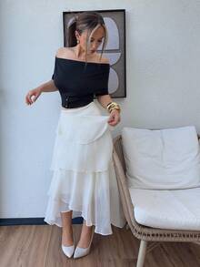 Jeta Ari White Chiffon Ruffled Asymmetrical Mid-Length Skirt, Wedding Guest Special Occasion Boho Re-Wearable Romantic Celebration Summer Carnival Beach Going Out Vacation Holiday Skirt - Beige - View 4