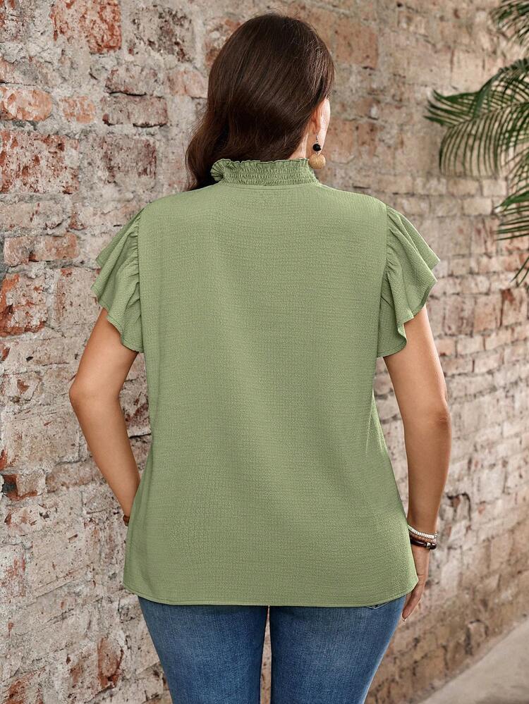 Plus Size Women's Solid Color Notch V-Neck Ruffle Sleeve Blouse
