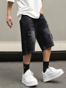 Manfinity EMRG Men's Casual Streetwear Pocket Button Distressed Denim Shorts Night Dark Wash Summer, Holiday - Black - View 6