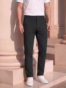 Officeau Pantalones casuales rectos con bolsillo bordado con letras para hombres, adecuados para el uso diario en verano - Negro - Ver 5