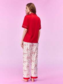 Notgurli Women's Casual, Home Open-Front Short Sleeve Top And Long Pants Set - Red - View 2