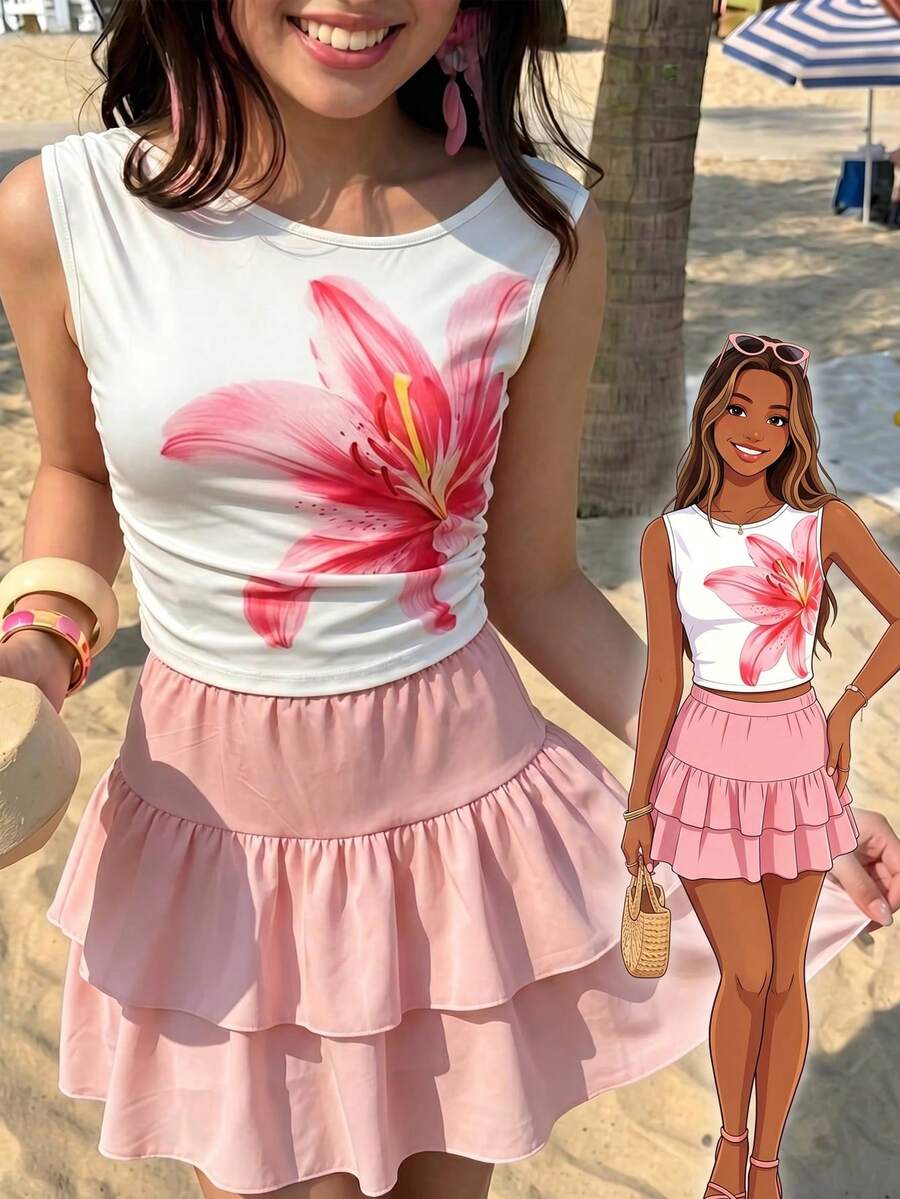 SHEIN 青少年女孩新款2件套女童套裝,時尚休閒度假風,舒適彈性針織提花藍色圓領套頭背心搭配同色系雙層蛋糕裙。背心收腰與下擺設計營造優雅整體造型。高品質套裝,適合日常穿著、度假、旅行與派對,春夏季理想之選。 - 彩色 - 查看 1