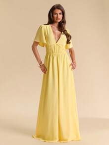 SHEIN BAE Spring/Summer Solid Light Yellow V-Neck Flutter Sleeve Cinched Waist Full Skirt Dress, Elegant And Gentle Style For Women, Suitable For Romantic Dates, Beach Vacations, Wedding Guest Attire, Evening Parties, Valentine's Day Dates - Yellow - View 5