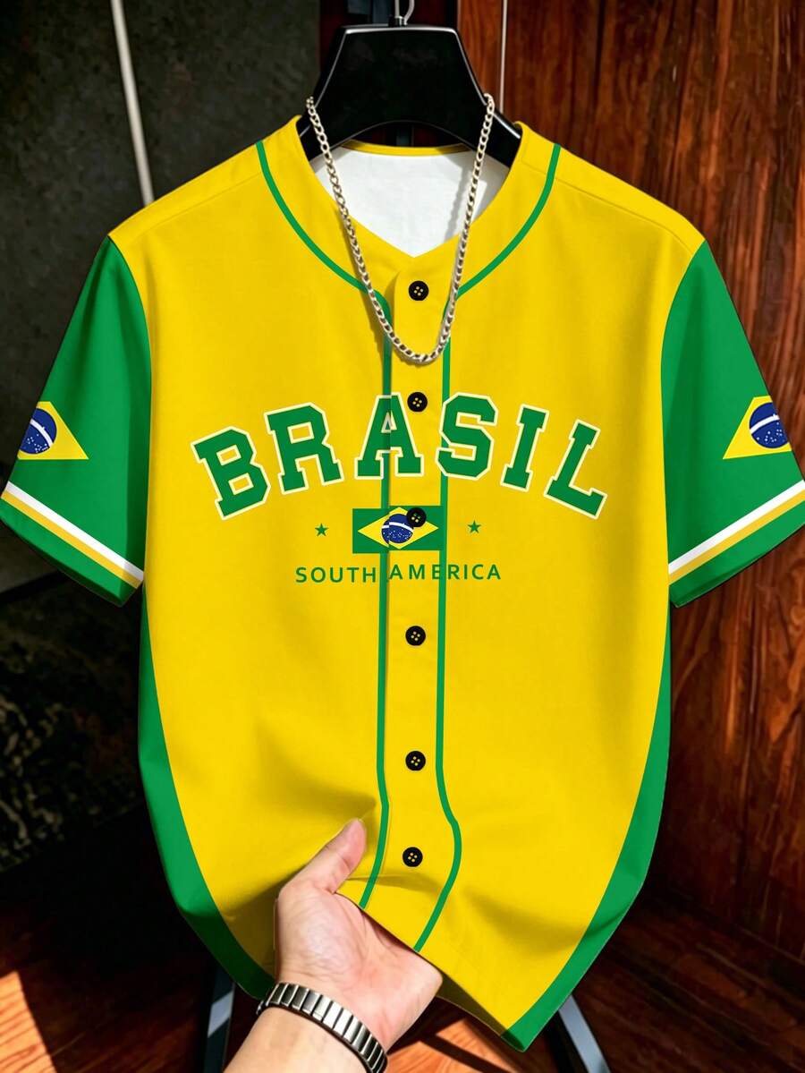 Aesthetic Post Áo sơ mi nam mùa hè phong cách casual thời trang, in chữ cờ Brazil, phối màu tương phản, tay ngắn, cài nút đơn - Nhiều màu - Xem 1