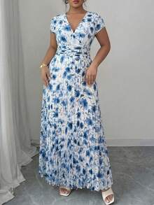 Elenzga Plus Size Women's Spring/Summer Elegant Romantic Floral V-Neck Short Sleeve Flowy Maxi Dress - Multicolor - View 6