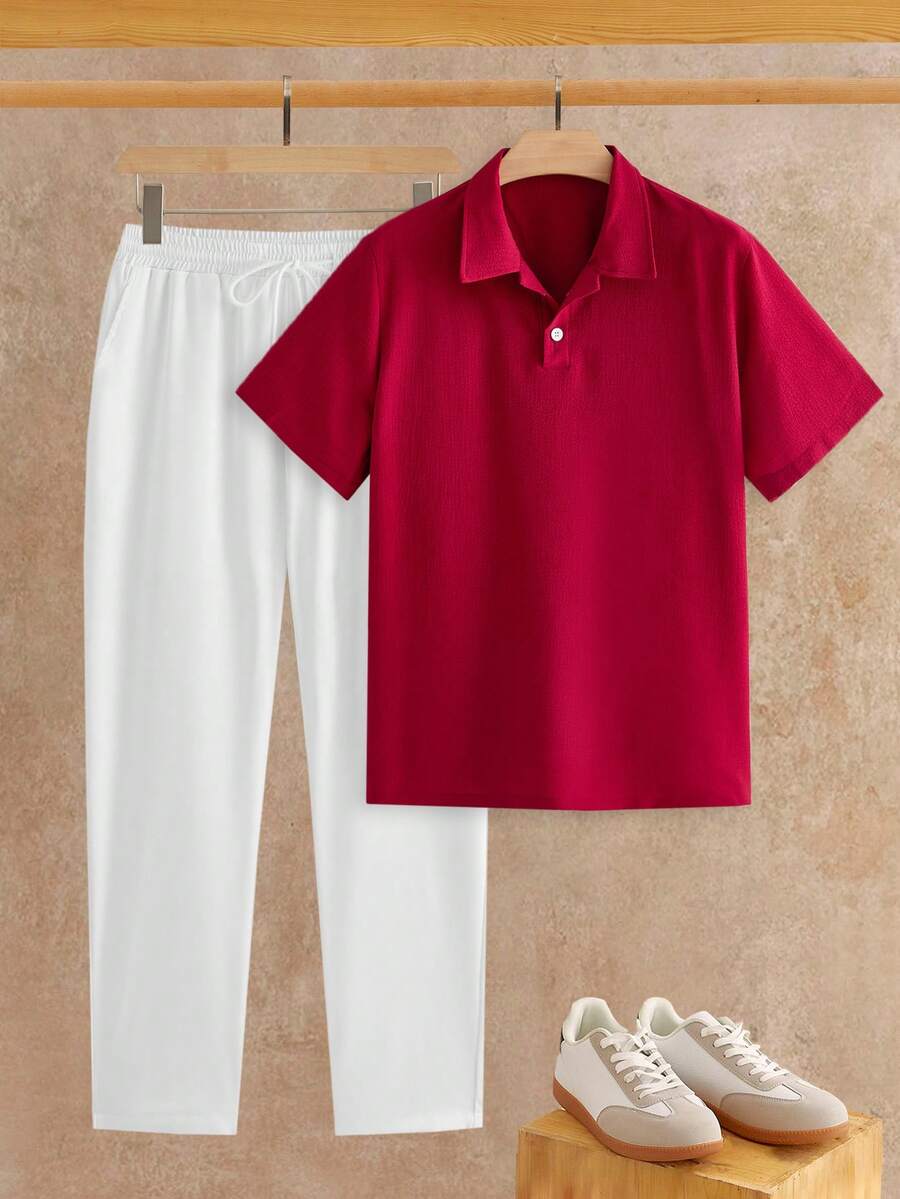 HIMLAND Manfinity VCAY Men's Red Button-Down Short Sleeve Shirt And White Side Pocket Casual Street Wear Pants Set Top And Bottom Navy 2 Piece Holiday Summer - Burgundy - View 1