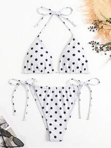 SHEIN Swim Curve 大尺碼女款夏季海灘波點掛脖綁帶性感比基尼三角泳褲兩件式泳衣套裝 - 黑與白 - 查看 1
