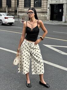 Coolane 女款夏秋街頭風外出休閒復古棉質黑白波點低腰牛仔短褲百慕達七分牛仔褲 - 白色 - 查看 7