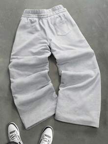 PAVTROS Men's Floral Embroidery Drawstring Waist Loose Casual Sweatpants Wide Leg - Grey - View 7