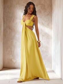 Hauture Women's Solid Color Pleated Hollow Out Sexy Party Long Dress - Yellow - View 4