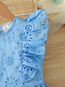 SHEIN Young Girl White Solid Color Dress With Round Neck And Ruffled Sleeves For Summer,Holiday,Summer,Travel - Blue - View 5