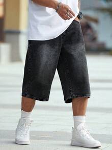 Manfinity EMRG Celana Pendek Denim Pria Ukuran Besar Model Lebar Warna Abu-abu Gelap untuk Petualangan, Kasual Musim Panas, Liburan - Grey - View 3