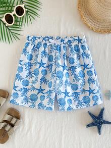 SHEIN Tween Boy Summer Beach Vacation Style Shell Starfish Coral All-Over Print Loose Swim Trunks - Blue and White - View 7