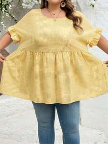 SHEIN CURVE+ Curve 加大码 US22 音乐节、海滨度假、波西米亚风 CURVE PLUS / / 女士格纹印花衬衫，适合春夏波西米亚风度假，休闲娃娃风衬衫 - 黃色 - 查看 3