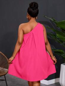 Slaydiva Plus Size Women's One Shoulder Sleeveless Solid Color Wide Leg Dress - Hot Pink - View 2