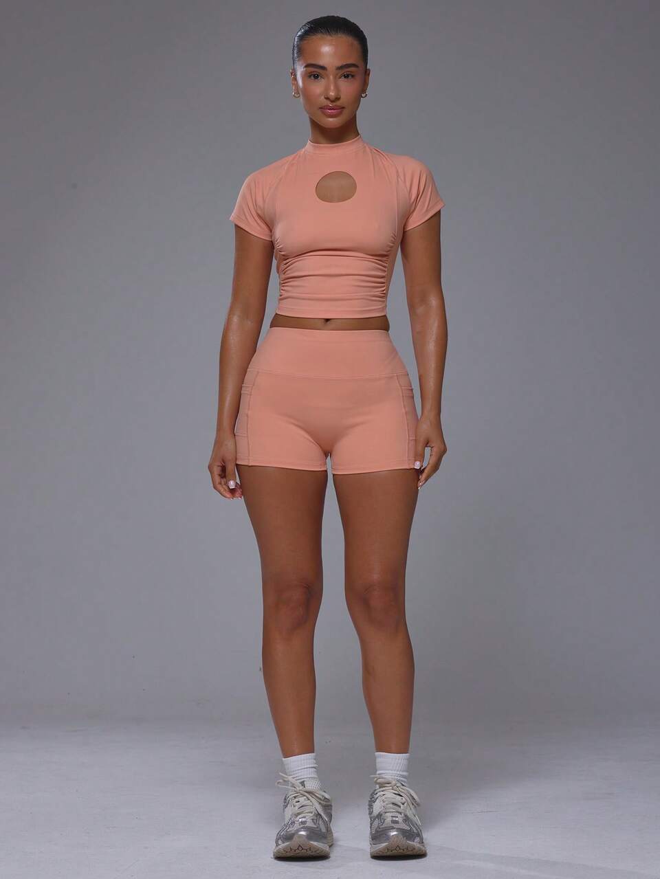 Active Coral Keyhole Front Crewneck Fitted Short Sleeve Top