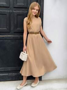 SHEIN Tween女孩棕色系夏季優雅度假連身裙，不對稱單肩設計附腰帶，A字版型，適合日常穿著的休閒優雅洋裝 - 棕色 - 查看 5