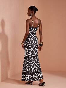 JIAN LASALA All-Over Print Knit Spaghetti Straps Sleeveless Mermaid Hem Women Maxi Dress Bobo Elegant Dinner Date Party Night Vacation Black And White Summer - Multicolor - View 2