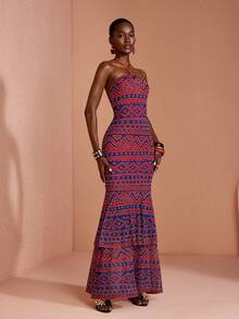 JIAN LASALA All-Over Print Mesh O Ring Halter Neck Sleeveless Women Maxi Dress Summer Boho Casual - Multicolor - View 4