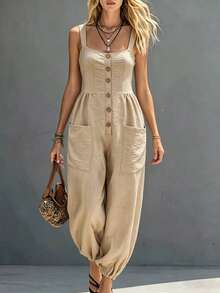 Balvessa Khaki Button Half-Open Front Patch Pocket Cuffed Hem Summer Casual Women's Jumpsuit - Khaki - View 1