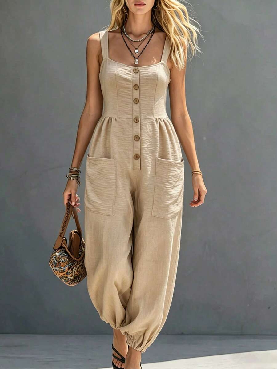 Balvessa Khaki Button Half-Open Front Patch Pocket Cuffed Hem Summer Casual Women's Jumpsuit - Khaki - View 1