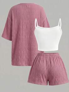 SHEIN Tween Girls Summer Casual Tropical Holiday Textured Linen Shirt Set Vacation Dusty Pink For Kids - Pink - View 2