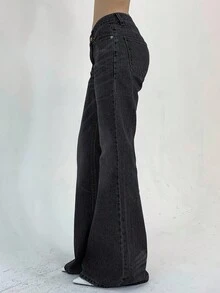 DAZY Women's Washed Distressed Korean Style Loose Flare Jeans Petite - Dark Grey - View 3