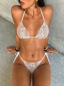 Aloruh 女款夏季新款比基尼套裝 蕾絲性感派對音樂節裝飾泳衣沙灘度假穿搭 - 白色 - 查看 4