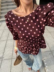 SHEIN Frenchy Women's Back Lace-Up Open Back Puff Sleeve Brown And Pink Polka Dot Blouse Summer Vintage French Elegant Vacation - Brown - View 7