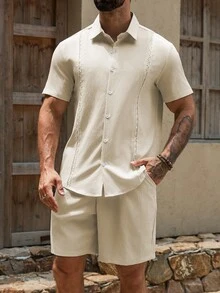 VENTUSAIL 男士夏季休闲简约度假前扣短袖衬衫和短裤套装 - 米色 - 查看 8