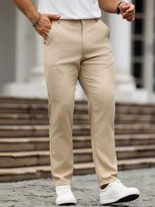 Manfinity Homme Men's Solid Color Button Front Pocket Minimalist Casual Suit Pants, Fall - Khaki - View 4