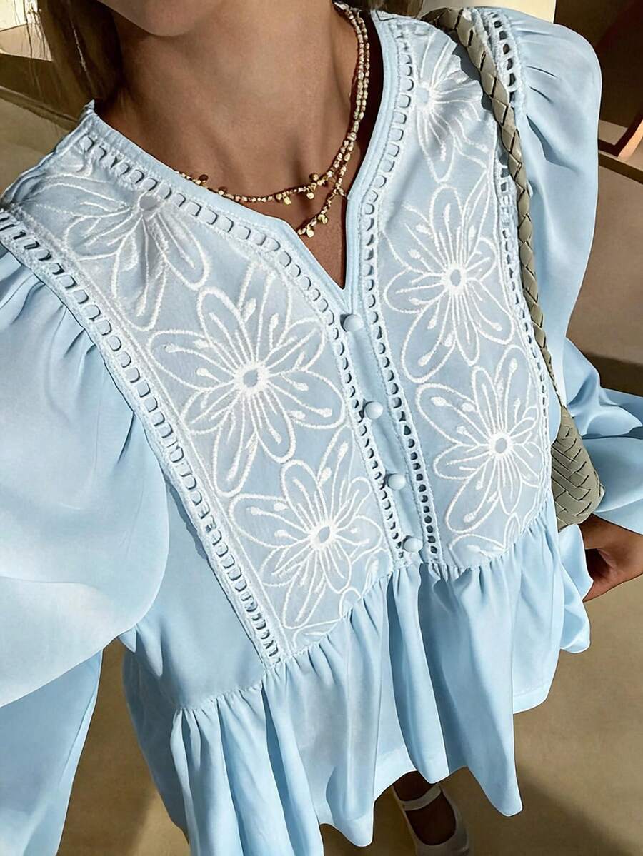 DAZY 女款休閒刺繡拼接燈籠袖寬鬆襯衫，適合夏季度假與校園穿著 - 藍色 - 查看 1