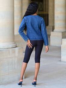 Mima John Women's Blue Denim Jacket With Round Neck, Long Sleeves And Waist, Decorated With Metal Buttons, Suitable For Korean-Style Workplace Wear In Autumn Winter Casual Spring - Dark Wash - View 2