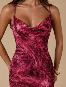 SHEIN BAE Women's Cowl Neck Animal Print Fitted Fashionable Spaghetti Strap Dress - Hot Pink - View 6