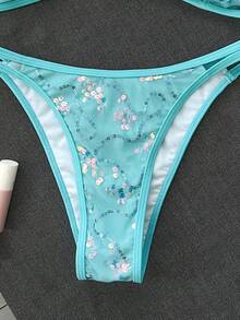 Costavie 夏季海灘女款亮片露背繫帶細肩帶上衣與三角褲比基尼套裝 - 藍色 - 查看 5