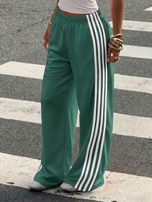 Muchica Plus Size Colorblock Striped Casual Loose Pants - Green - View 5